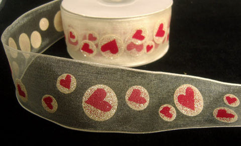 R4270 40mm Red,Pearl and Silver Glittery Sheer Love Heart Print Ribbon, Wired - Ribbonmoon