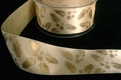 36mm Cream Satin Ribbon with a Metallic Gold Holly Print – Ribbonmoon