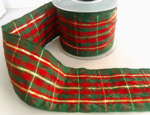 R4288 67mm Red and Green Tartan Ribbon with Thin Metallic Stripes - Ribbonmoon