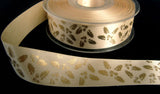 R4297 25mm Cream Satin Ribbon with a Metallic Gold Holly Print - Ribbonmoon