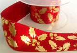 R4299 36mm Red Satin Ribbon with a Metallic Gold Holly Print - Ribbonmoon