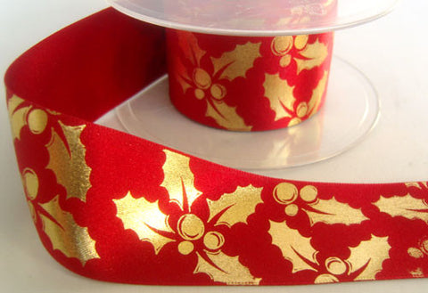 R4299 36mm Red Satin Ribbon with a Metallic Gold Holly Print - Ribbonmoon