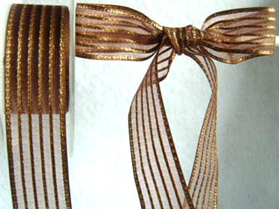 R4384 26mm Brown and Metallic Gold Striped Sheer Ribbon - Ribbonmoon