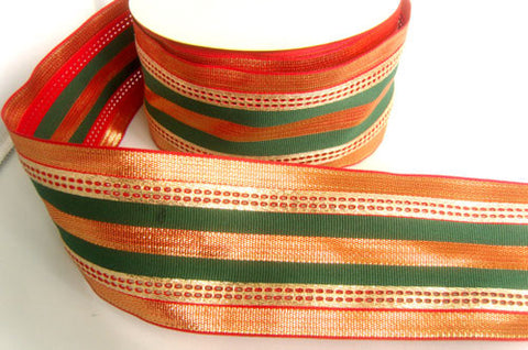 R4393 66mm Red, Green and Metallic Gold Striped Grograin Ribbon - Ribbonmoon