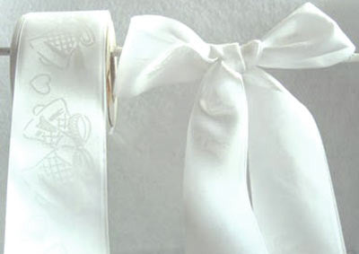 R4394 50mm White Satin Ribbon with a Tonal Wedding Bells Design