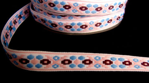 FT081 14mm White, Maroon, Blue and Pink Woven Jacquard Braid