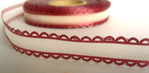 R4446 17mm White Tulle Ribbon with Raspberry Acetate Satin Borders - Ribbonmoon