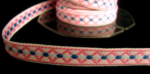 R4448 12mm White, Pink and Blue Woven Jacquard Ribbon