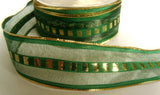 R4495 38mm Green Striped Sheer Ribbon with a Gold Weave and Borders - Ribbonmoon