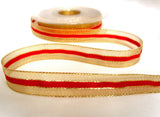 R4529 16mm Gold Metallic Mesh Ribbon with a Solid Red Centre Stripe