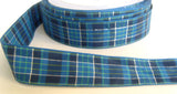 R4720 26mm Blues and Green Tartan Ribbon with Thin Metallic Silver Stripes - Ribbonmoon