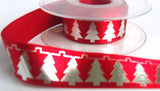 R1677 25mm Red Satin Ribbon, Metallic Silver Christmas Tree Print