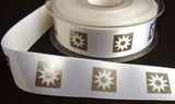 R5507 25mm White-Metallic Silver Print Satin Ribbon by Berisfords