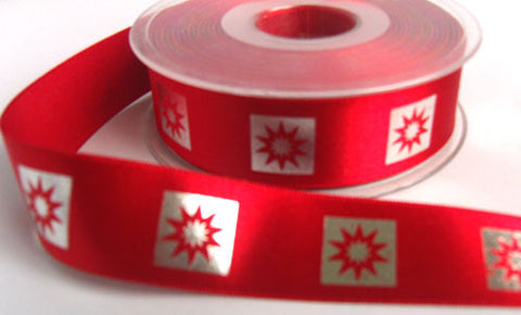 R5509 25mm Red-Metallic Silver Printed Satin Ribbon by Berisfords