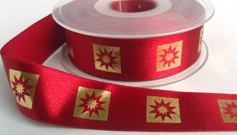 R5510 25mm Scarlet Berry Satin Ribbon-Metallic Gold Print, Berisfords