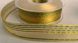 R5538 25mm Metallic Gold Sheer Ribbon with Greens and Honey Stripes - Ribbonmoon