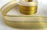 R5539 40mm Metallic Gold Sheer Ribbon with Greens and Honey Stripes - Ribbonmoon