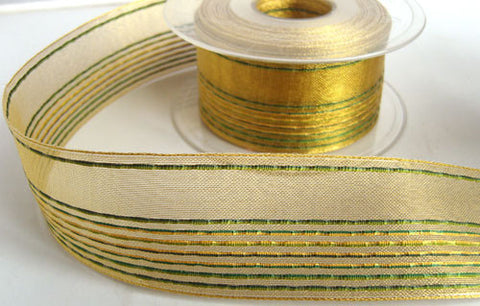 R5539 40mm Metallic Gold Sheer Ribbon with Greens and Honey Stripes - Ribbonmoon