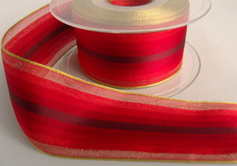 R1780 40mm Reds-Plum-Gold Metallic Edge Sheer-Satin Stripe Ribbon