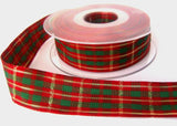 R5545 25mm Red and Green Tartan Ribbon with Thin Metallic Gold Stripes