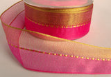 R5579 40mm Shocking PInk and Gold Shot Sheer Ribbon with a Gimp Stitch - Ribbonmoon