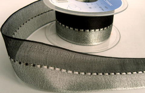 R5582 40mm Black and Silver Shot Sheer Ribbon with a Gimp Stitch - Ribbonmoon