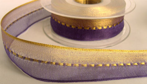 R5585 25mm Liberty Purple and Gold Shot Sheer Ribbon with a Gimp Stitch - Ribbonmoon