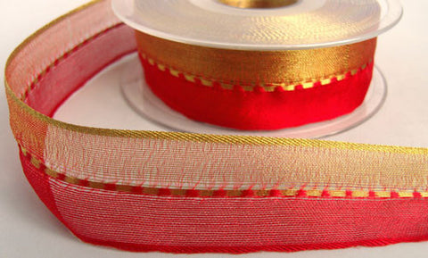 R1794 25mm Red and Metallic Gold Shot Sheer Ribbon with Gimp Stitch