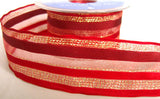 R5624 40mm Reds, Burgundy and Gold Sheer, Satin and Tinsel Stripe Ribbon - Ribbonmoon