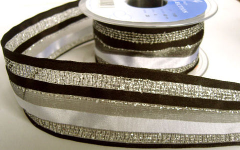 R5625 42mm Black, White and Silver Sheer, Satin and Tinsel Stripe Ribbon - Ribbonmoon