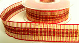 R5641 25mm Red-Wine Satin-Sheer-Metallic Gold Tartan Ribbon,Berisfords