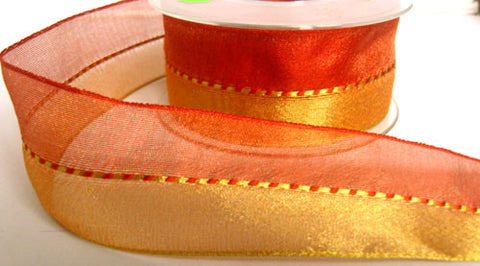 R5658 40mm Rust-Gold Shot Sheer Ribbon-Centre Gimp Stitch, Berisfords