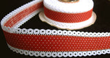 R5686 33mm Russet Cotton Polka Dot Ribbon with White Linen Lace Edges - Ribbonmoon
