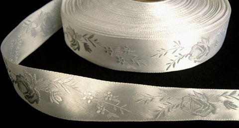 R5950 25mm White Satin Ribbon with a Subtle Jacquard Rose Tonal Design - Ribbonmoon