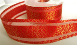 R5956 41mm Scarlet Berry and Metallic Gold Weave Ribbon,Sheer Stripes - Ribbonmoon