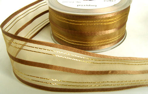R5971 42mm Moss Sheer Ribbon with Brown Satin and Metallic Stripes - Ribbonmoon