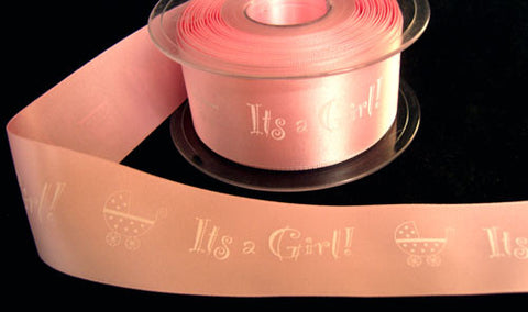 R6025 36mm Pink Satin Ribbon, "It's a Girl" with a Pram Print - Ribbonmoon