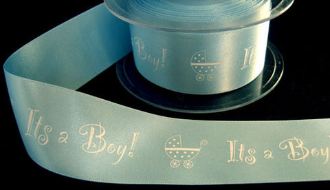 R6026 36mm Blue Satin Ribbon, "It's a Boy" with a Pram Print - Ribbonmoon