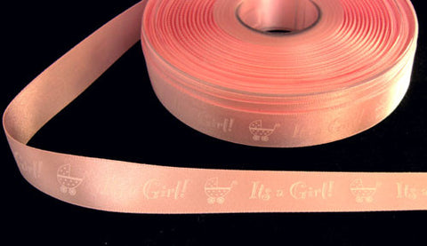 R6029 15mm Baby Pink Satin Ribbon, "It's a Girl!" with a Pram Print - Ribbonmoon