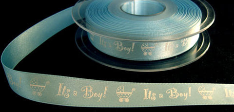 R6030 15mm Baby Blue Satin Ribbon, "It's a Boy!" with a Pram Print - Ribbonmoon