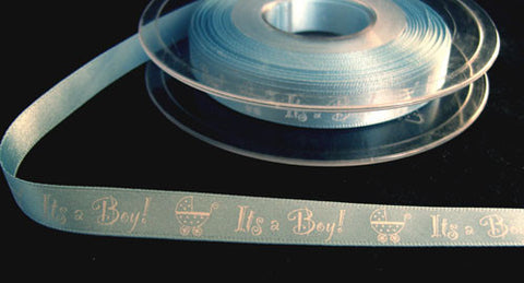 R6032 10mm Baby Blue Satin Ribbon, "It's a Boy!" with a Pram Print - Ribbonmoon