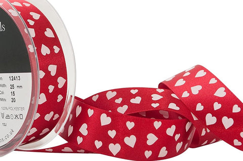 R6033 25mm Red Satin Ribbon with a Pale Pink Love Heart Design