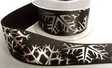 R6068C 36mm Black Satin Ribbon with a Metallic Silver Snowflake Print