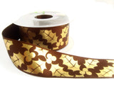 R6072 36mm Brown Satin Ribbon with a Metallic Gold Holly Print