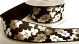 R6073 35mm Black Satin Ribbon with a Metallic Silver Holly Print - Ribbonmoon