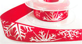 R6075 25mm Red Satin-Metallic Silver Snowflake Print Ribbon, Berisfords