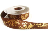 R6076 26mm Brown Satin Ribbon with a Metallic Gold Snowflake Print