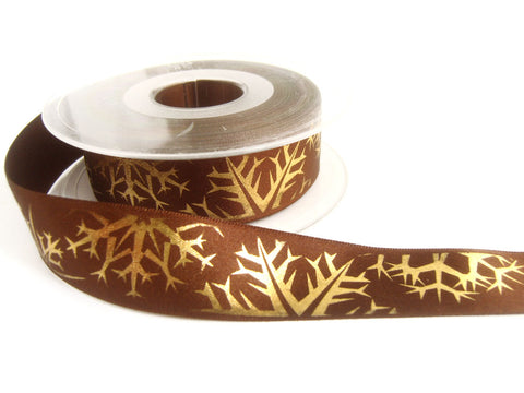 R6076 26mm Brown Satin Ribbon with a Metallic Gold Snowflake Print