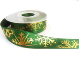 R6077 27mm Green Satin Ribbon with a Metallic Gold Snowflake Print