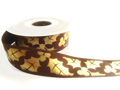 R6078 27mm Brown Satin Ribbon with a Metallic Gold Holly Print